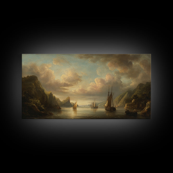 Seascape with Sailboats and Cloudy Sky Framed Canvas Print, Traditional Art, Digital Art, Living Room Decor, Fine Art, Classic, TRA-2x1-1
