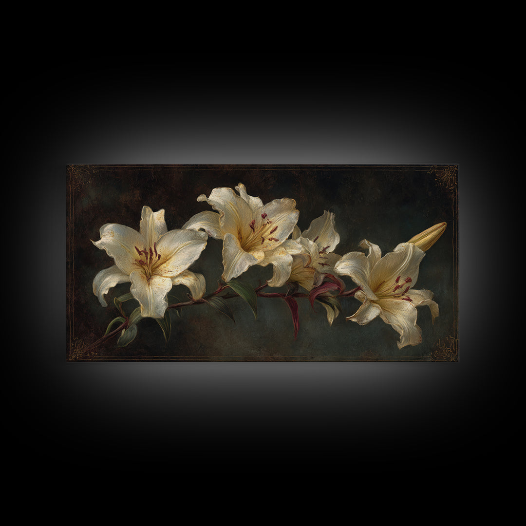 White Lilies on Dark Background Framed Canvas Print, Traditional Art, Custom Art, Living Room Decor, Fine Art, Classic, TRA-2x1-11