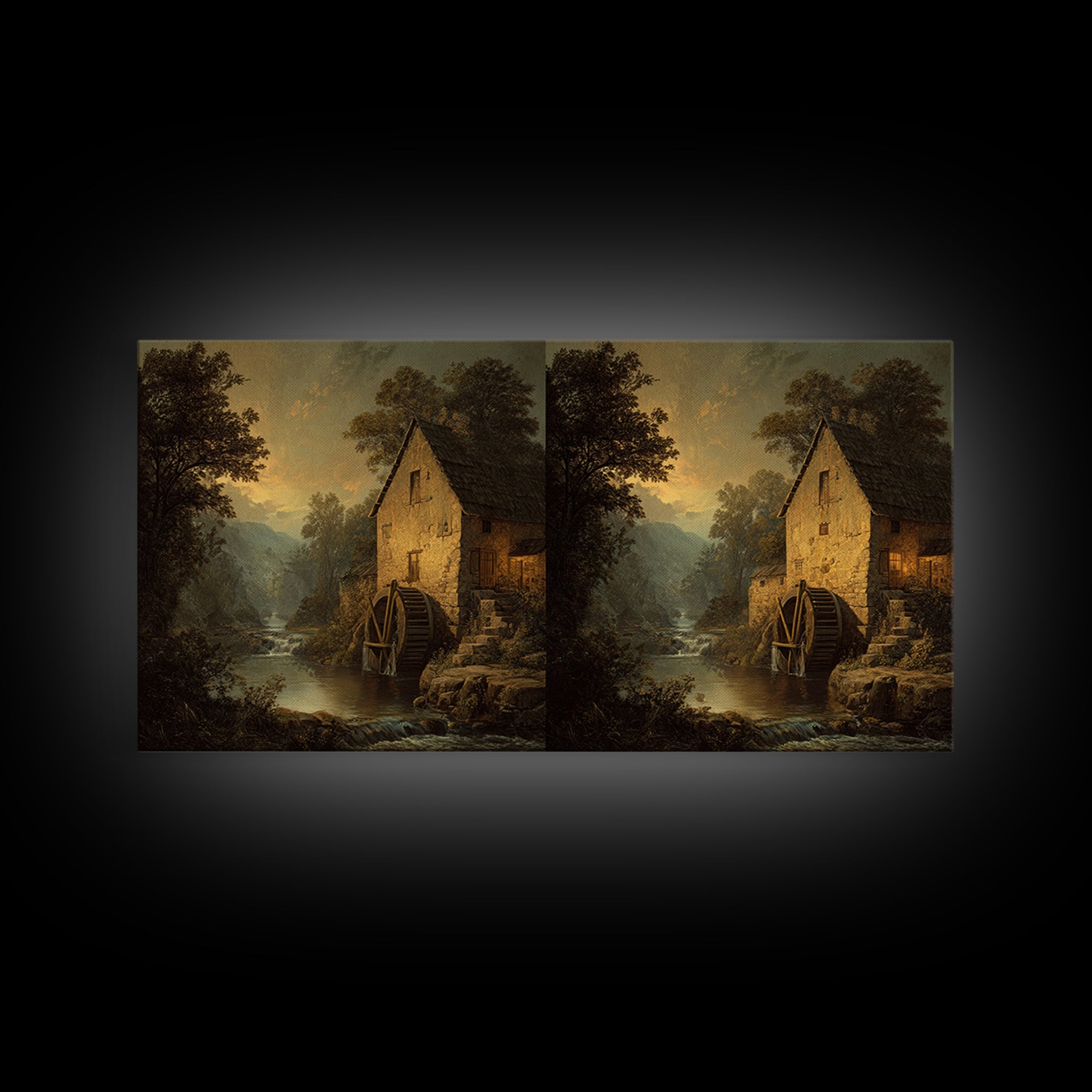 Watermill Beside a Quiet Stream Framed Canvas Print, Traditional Art, Painting, Living Room Decor, Fine Art, Classic, TRA-2x1-13