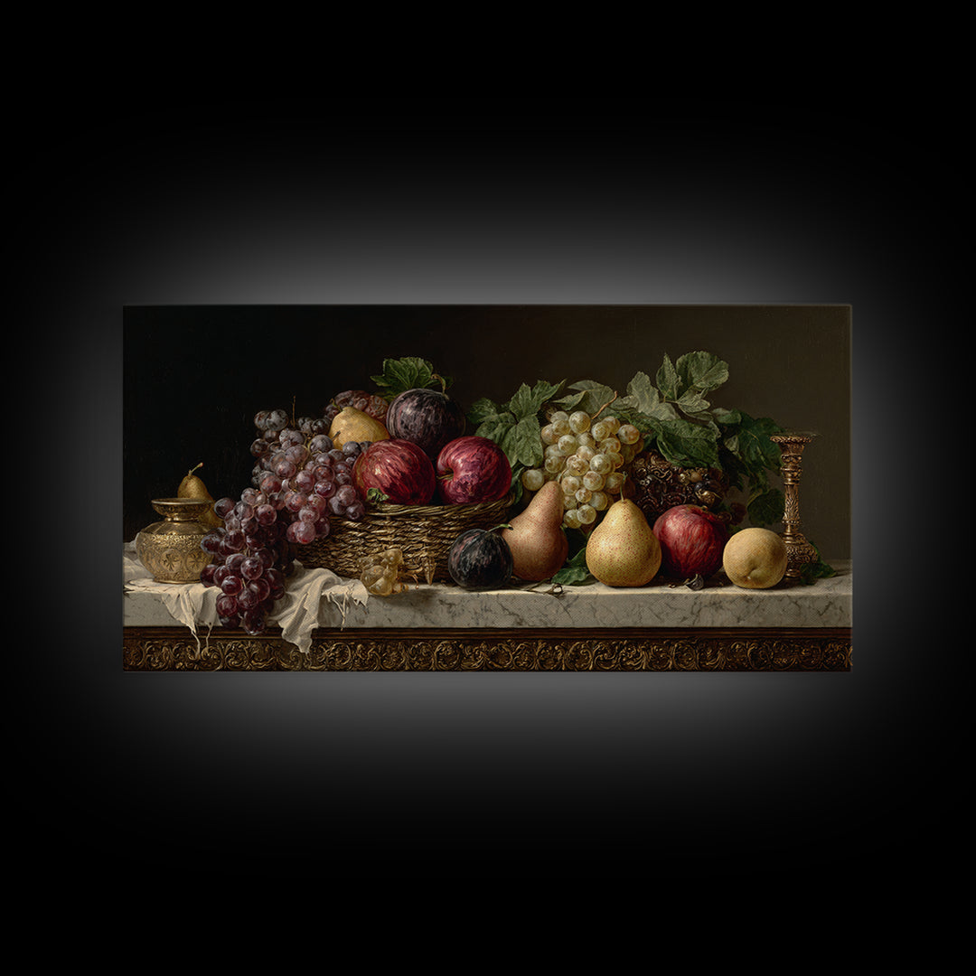 Basket of Apples and Pears on Linen Framed Canvas Print, Traditional Art, Luxury Decor, Living Room Decor, Abstract Art, TRA-2x1-14