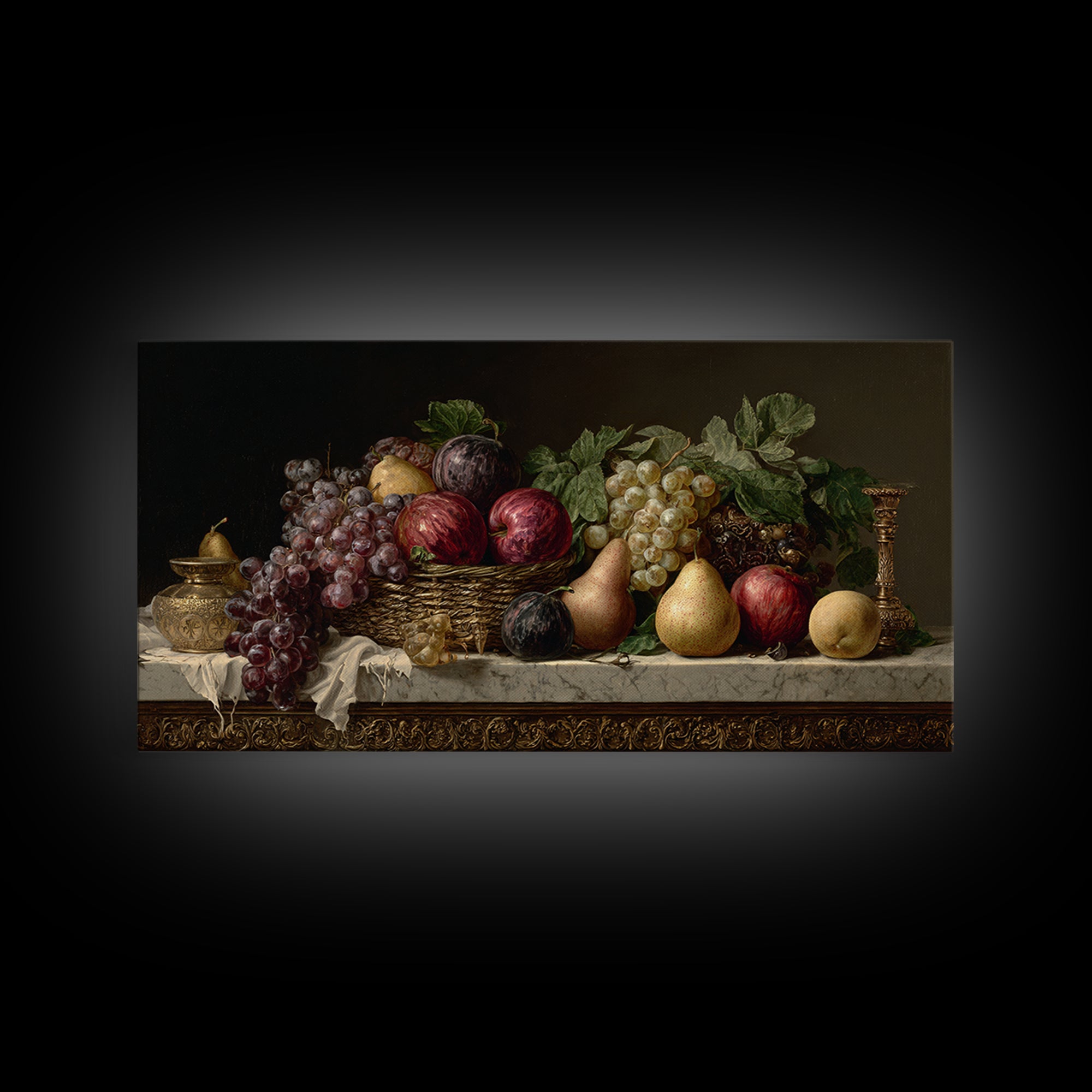 Basket of Apples and Pears on Linen Framed Canvas Print, Traditional Art, Luxury Decor, Living Room Decor, Abstract Art, TRA-2x1-14