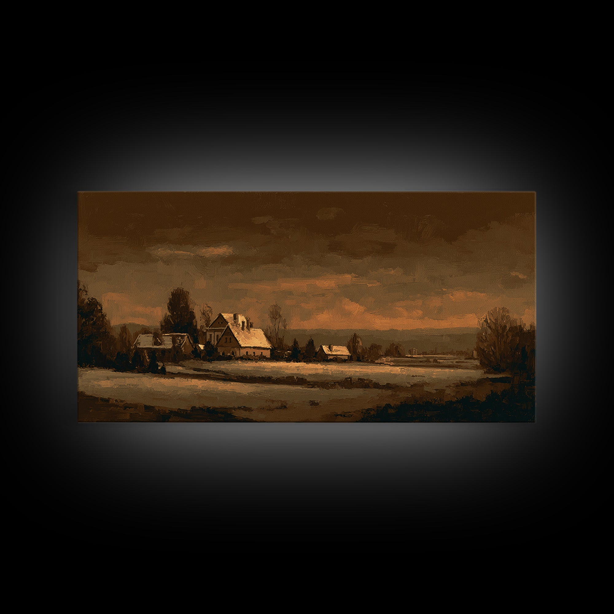 Snowy Village Landscape at Twilight Framed Canvas Print, Traditional Art, Living Room Decor, Watercolor Art, Classic, TRA-2x1-15