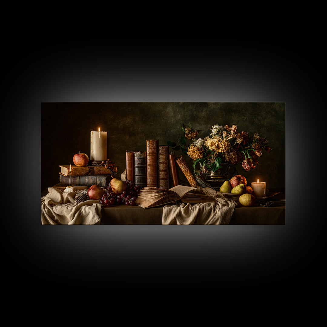 Still Life of Books Candle and Fruit Framed Canvas Print, Traditional Art, Fine Art Print, Living Room Decor, Fine Art, Classic, TRA-2x1-16