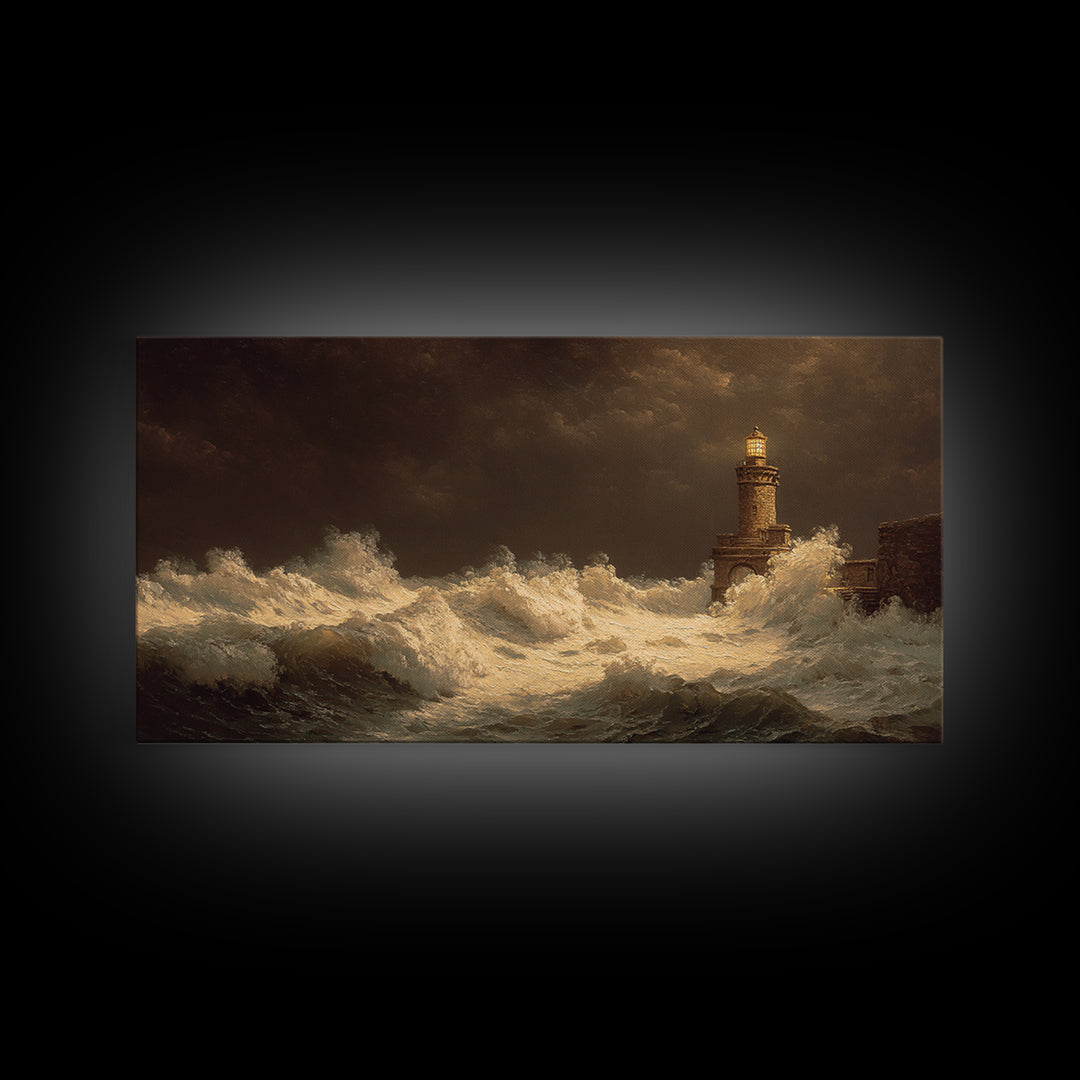 Lighthouse with Crashing Waves Canvas Print, Traditional Art, Decor, Living Room Decor, Fine Art, Classic, Japanese Art, TRA-2x1-17