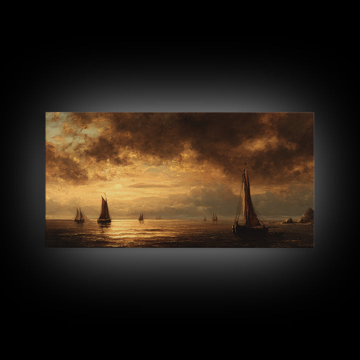 Seascape with Sailboats and Cloudy Sky Framed Canvas Print, Traditional Art, Digital Art, Living Room Decor, Fine Art, Classic, TRA-2x1-25