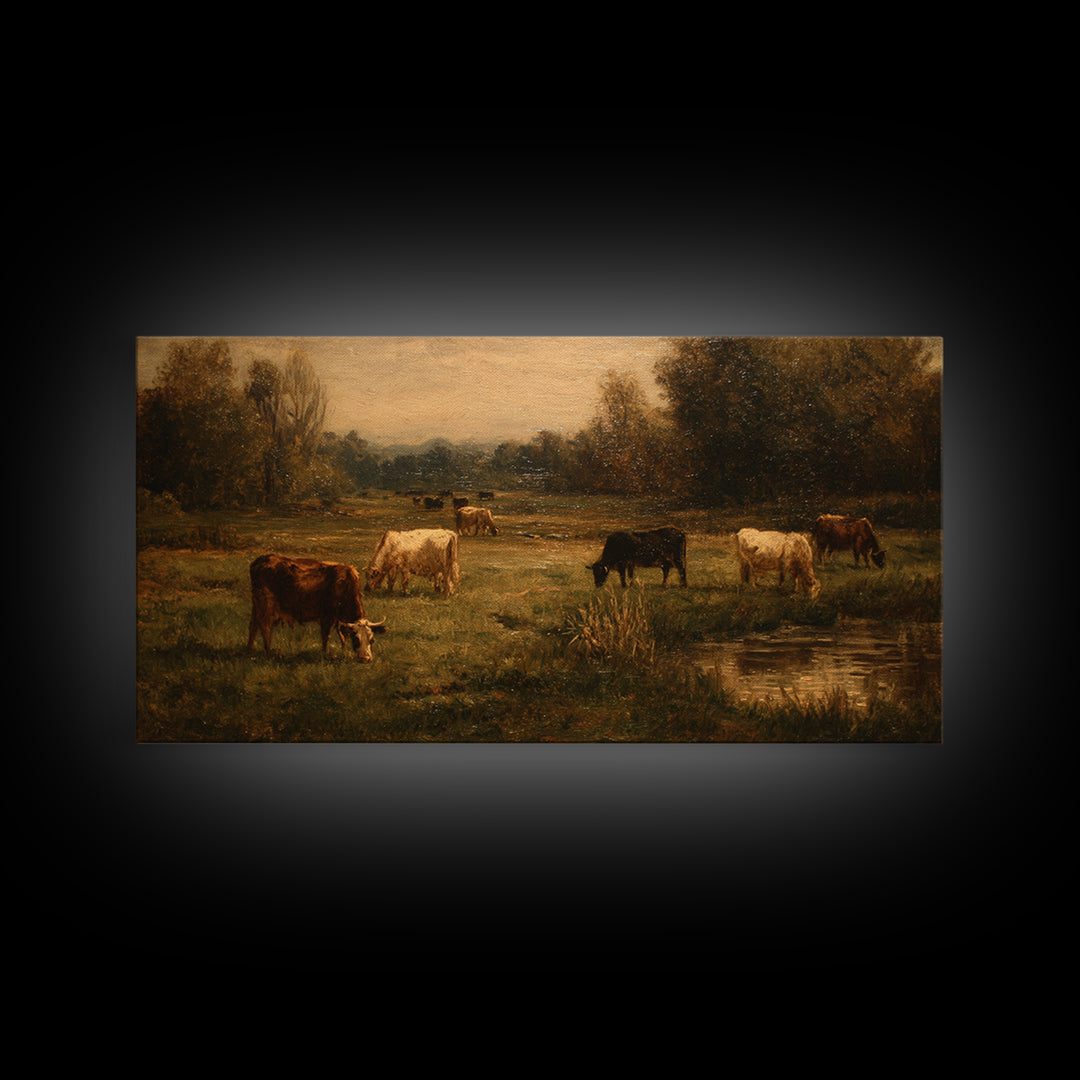 Pastoral Countryside with Cows in Field Framed Canvas Print, Traditional Art, Boho Decor, Living Room Decor, Oil Painting, TRA-2x1-27