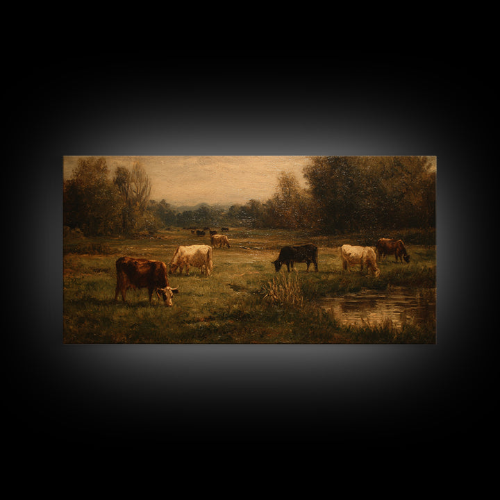 Pastoral Countryside with Cows in Field Framed Canvas Print, Traditional Art, Boho Decor, Living Room Decor, Oil Painting, TRA-2x1-27