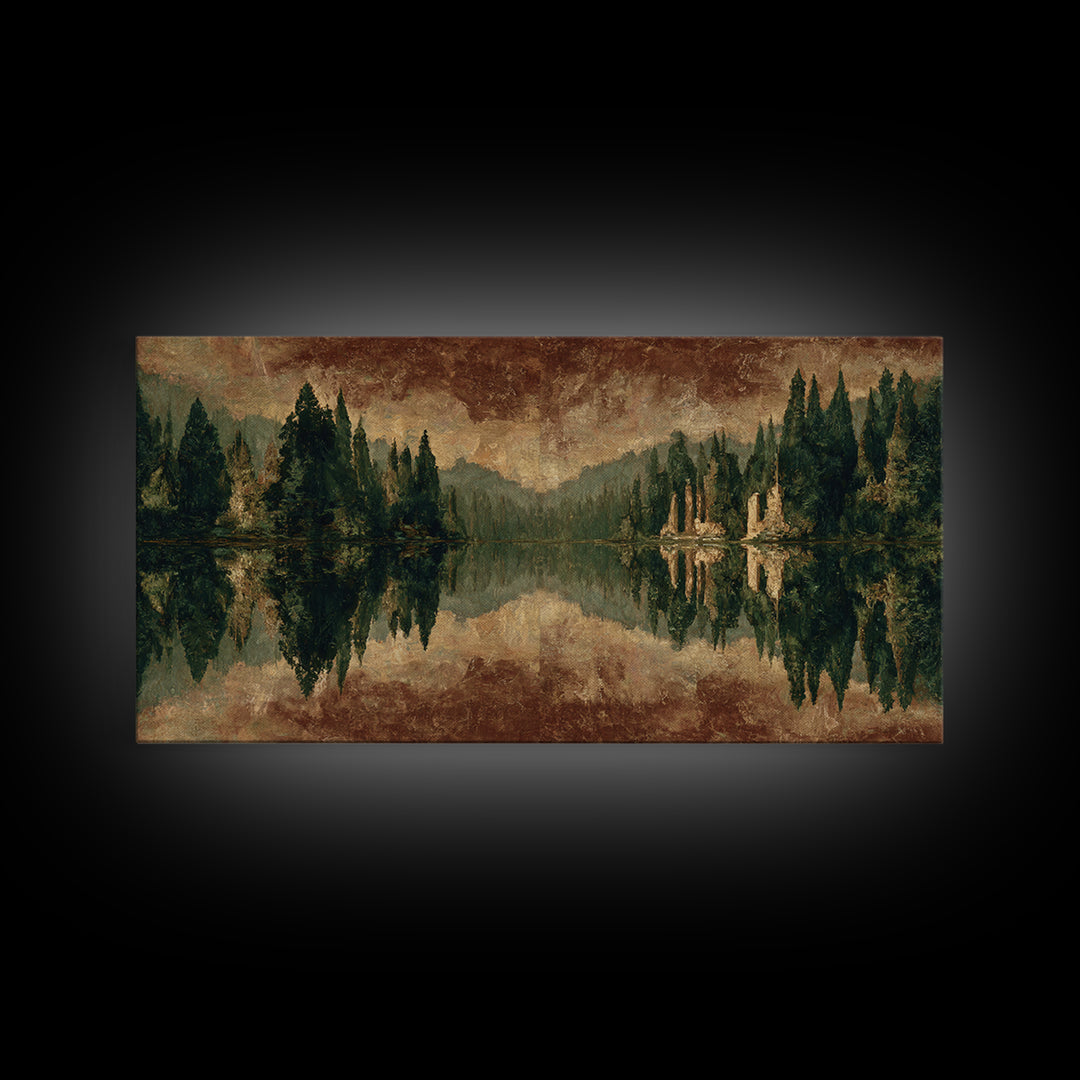 Mountain Lake with Pine Forest Reflection Framed Canvas Print, Traditional Art, Canvas, Living Room Decor, Fine Art, Classic, TRA-2x1-29