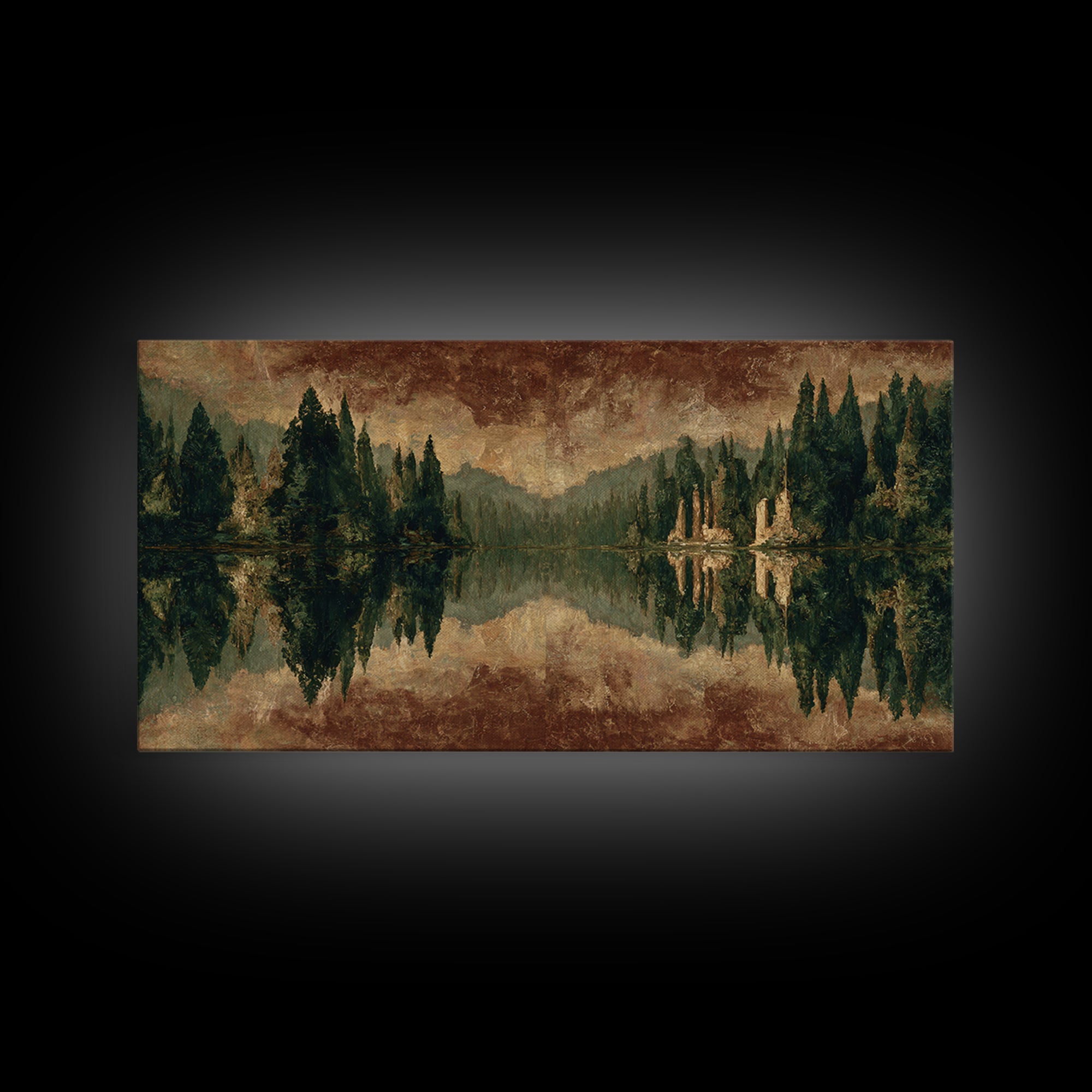Mountain Lake with Pine Forest Reflection Framed Canvas Print, Traditional Art, Canvas, Living Room Decor, Fine Art, Classic, TRA-2x1-29