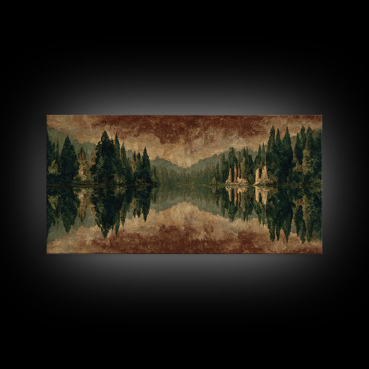 Mountain Lake with Pine Forest Reflection Framed Canvas Print, Traditional Art, Canvas, Living Room Decor, Fine Art, Classic, TRA-2x1-29