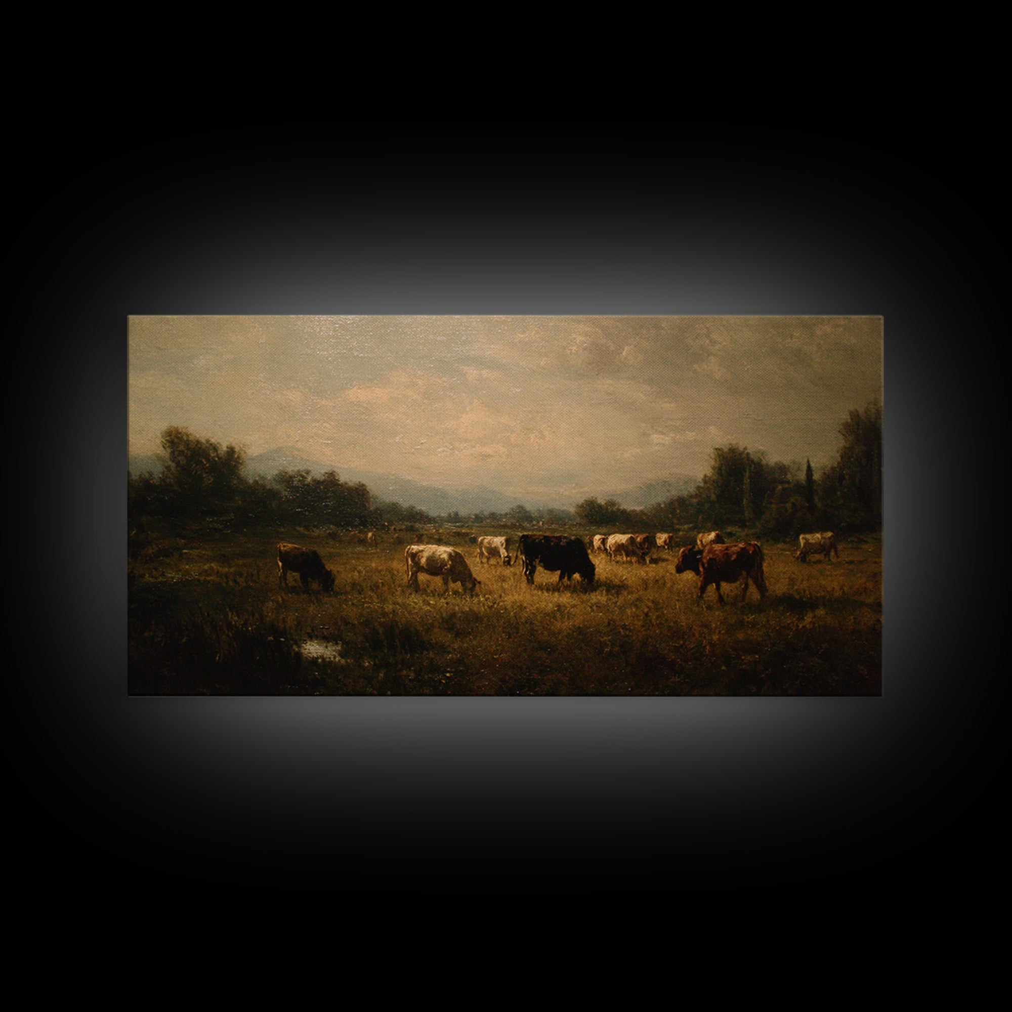 Pastoral Countryside with Cows in Field Framed Canvas Print, Traditional Art, Artwork, Living Room Decor, Fine Art, Classic, TRA-2x1-3