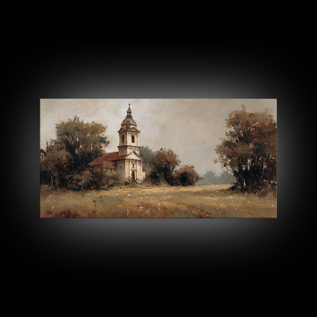 Church Steeple Across Rural Meadow Framed Canvas Print, Traditional Art, Wall Decor, Living Room Decor, Fine Art, Classic, TRA-2x1-33