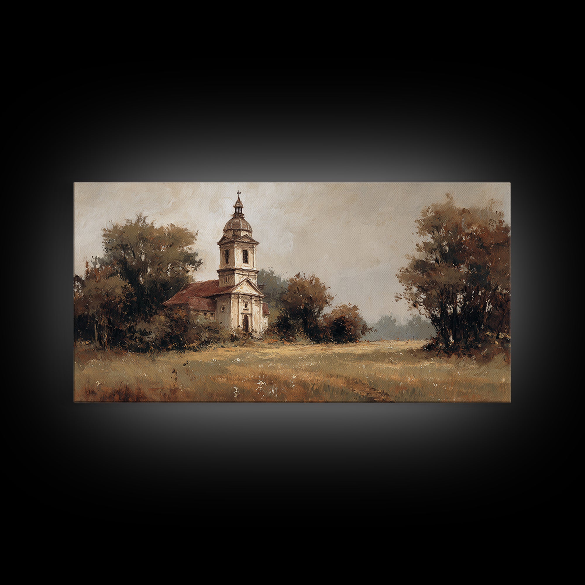 Church Steeple Across Rural Meadow Framed Canvas Print, Traditional Art, Wall Decor, Living Room Decor, Fine Art, Classic, TRA-2x1-33