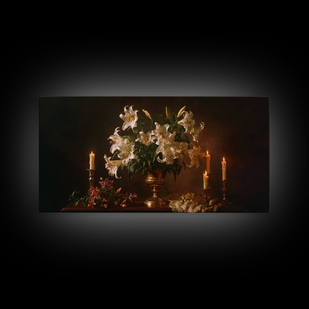 White Lilies on Dark Background Framed Canvas Print, Traditional Art, Wall Art, Living Room Decor, Oil Painting, Classic, TRA-2x1-35