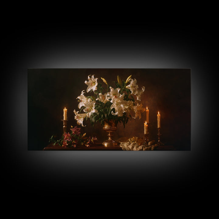 White Lilies on Dark Background Framed Canvas Print, Traditional Art, Wall Art, Living Room Decor, Oil Painting, Classic, TRA-2x1-35