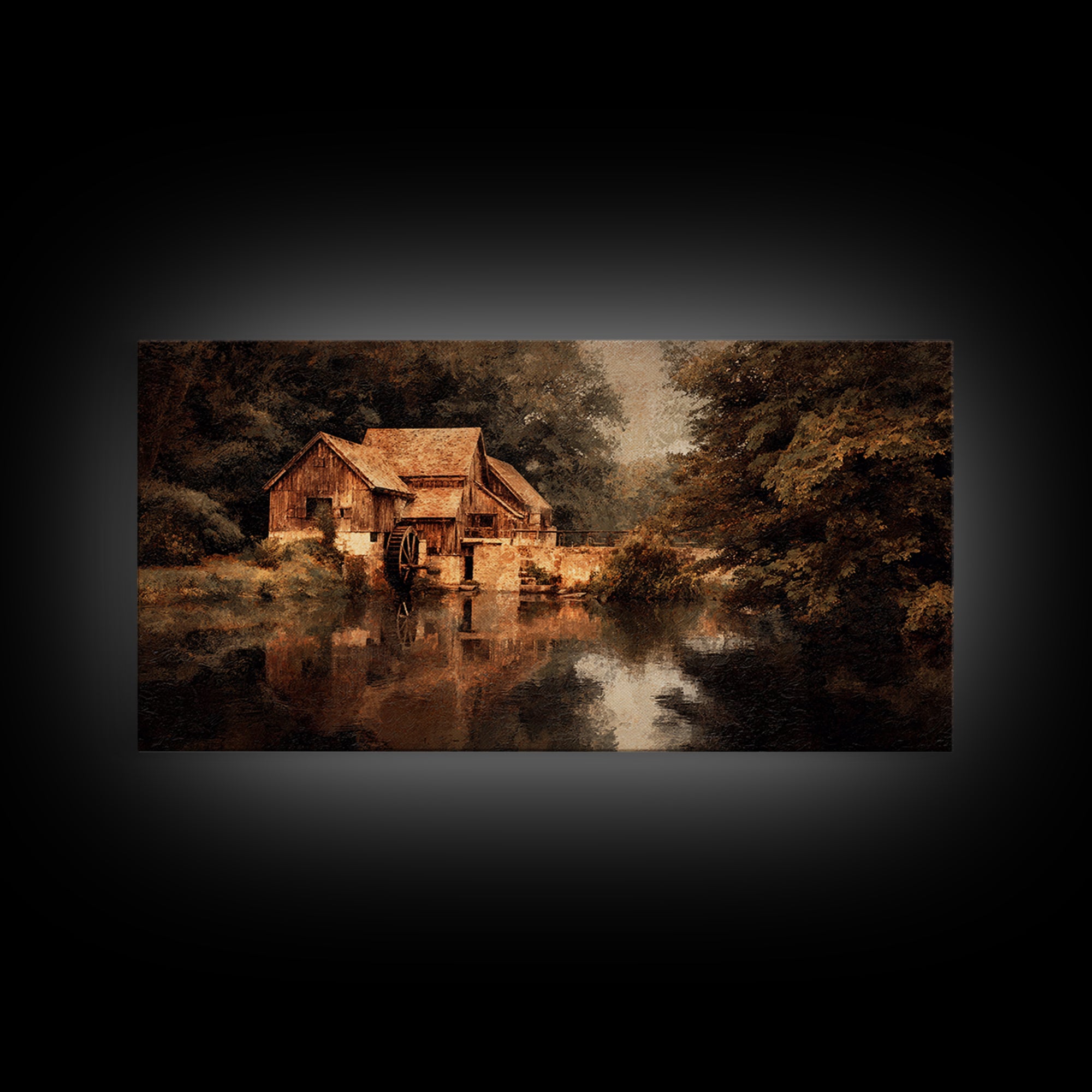 Watermill Beside a Quiet Stream Framed Canvas Print, Traditional Art, Painting, Living Room Decor, Fine Art, Classic, TRA-2x1-37