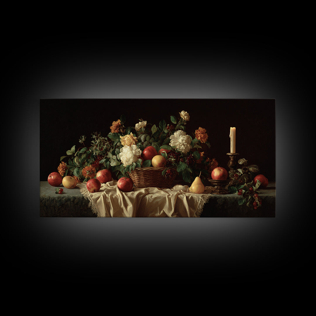 Basket of Apples and Pears on Linen Framed Canvas Print, Traditional Art, Luxury Decor, Living Room Decor, Abstract Art, TRA-2x1-38