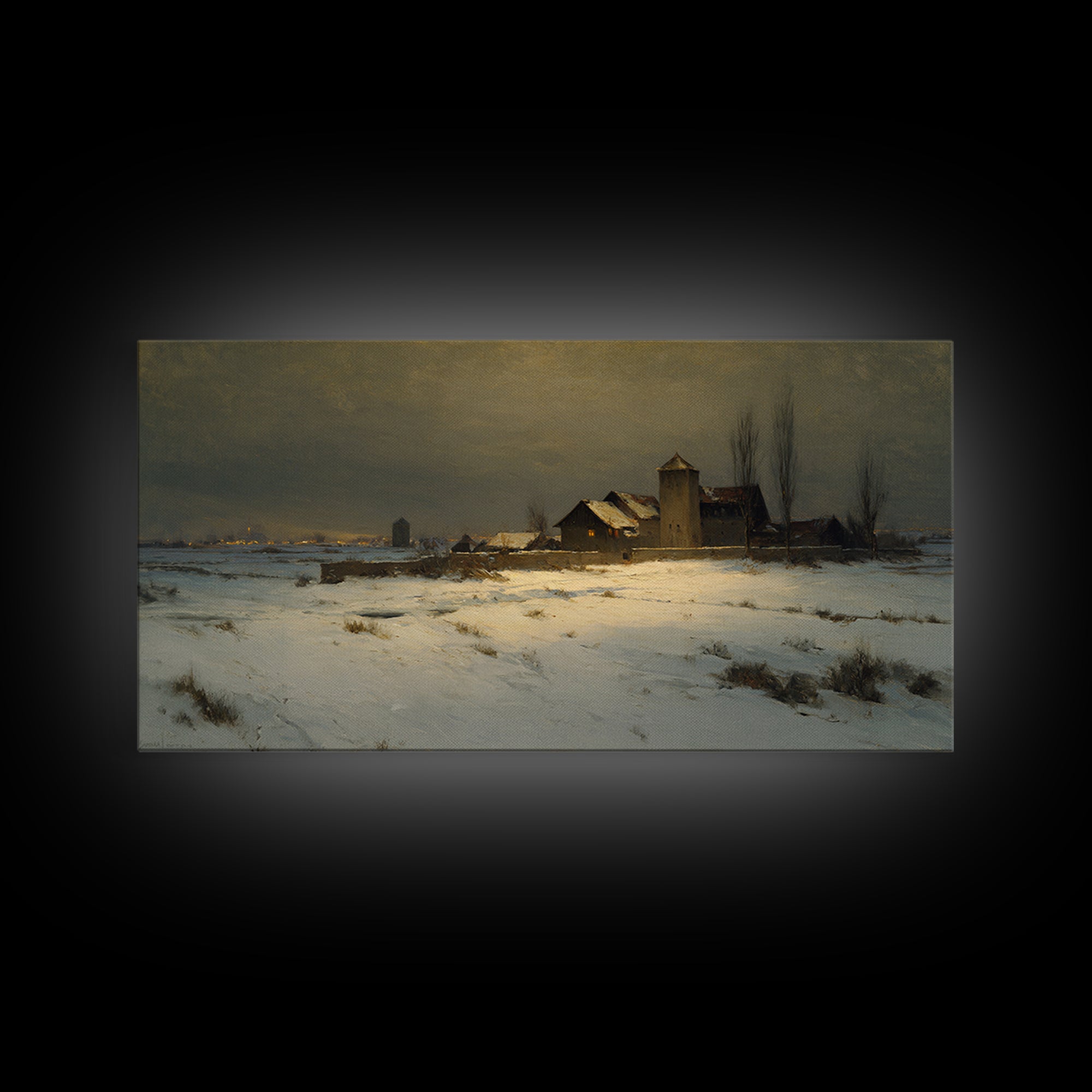 Snowy Village Landscape at Twilight Canvas Print, Traditional Art, Art Print, Living Room Decor, Fine Art, Classic, Custom Art, TRA-2x1-39