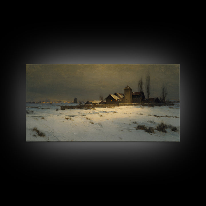 Snowy Village Landscape at Twilight Canvas Print, Traditional Art, Art Print, Living Room Decor, Fine Art, Classic, Custom Art, TRA-2x1-39