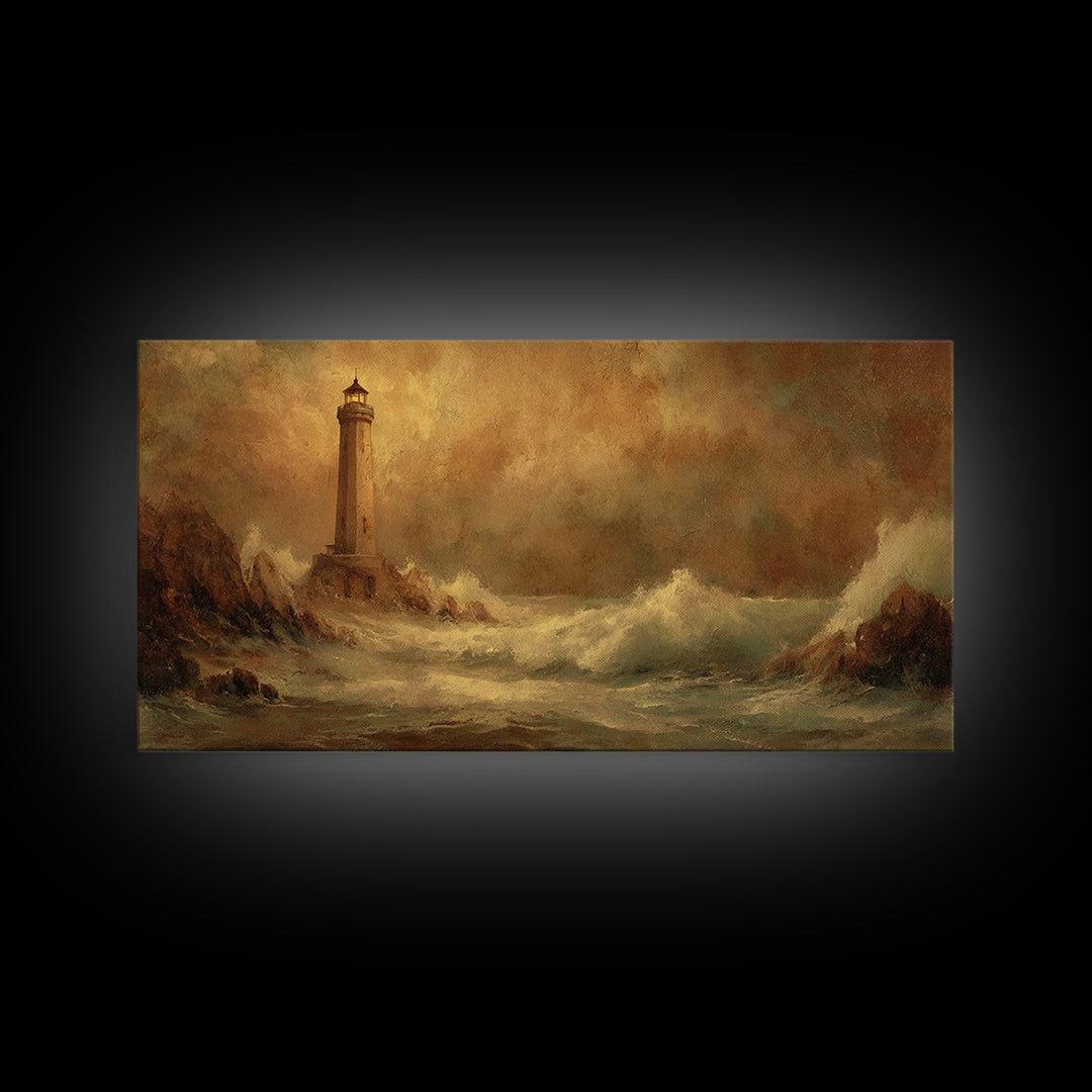 Lighthouse with Crashing Waves Canvas Print, Traditional Art, Decor, Living Room Decor, Fine Art, Classic, Japanese Art, TRA-2x1-41