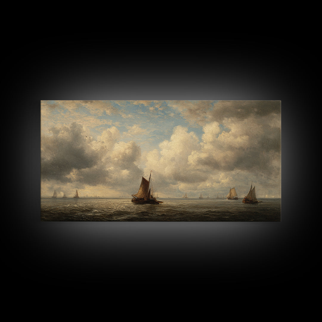 Seascape with Sailboats and Cloudy Sky Canvas Print, Traditional Art, Original Art, Living Room Decor, Fine Art, Classic, TRA-2x1-49