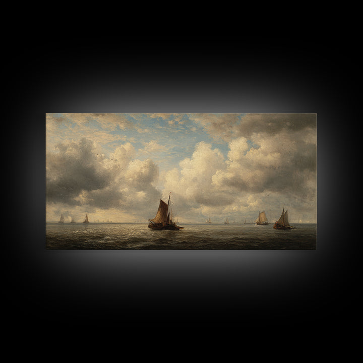 Seascape with Sailboats and Cloudy Sky Canvas Print, Traditional Art, Original Art, Living Room Decor, Fine Art, Classic, TRA-2x1-49