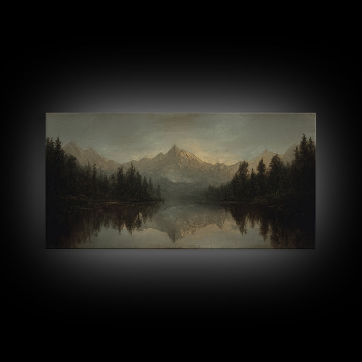 Mountain Lake with Pine Forest Reflection Framed Canvas Print, Traditional Art, Canvas, Living Room Decor, Fine Art, Classic, TRA-2x1-5