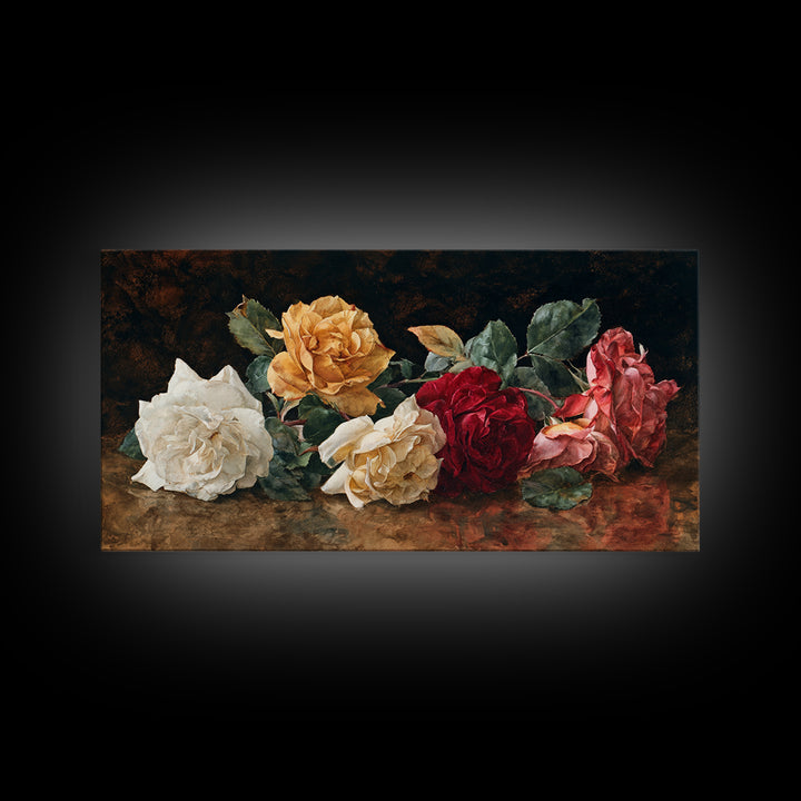 Botanical Watercolor Study of Roses Framed Canvas Print, Traditional Art, Art, Living Room Decor, Oil Painting, Classic, TRA-2x1-50