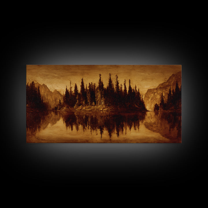 Mountain Lake with Pine Forest Reflection Canvas Print, Traditional Art, Digital Print, Living Room Decor, Fine Art, Classic, TRA-2x1-53