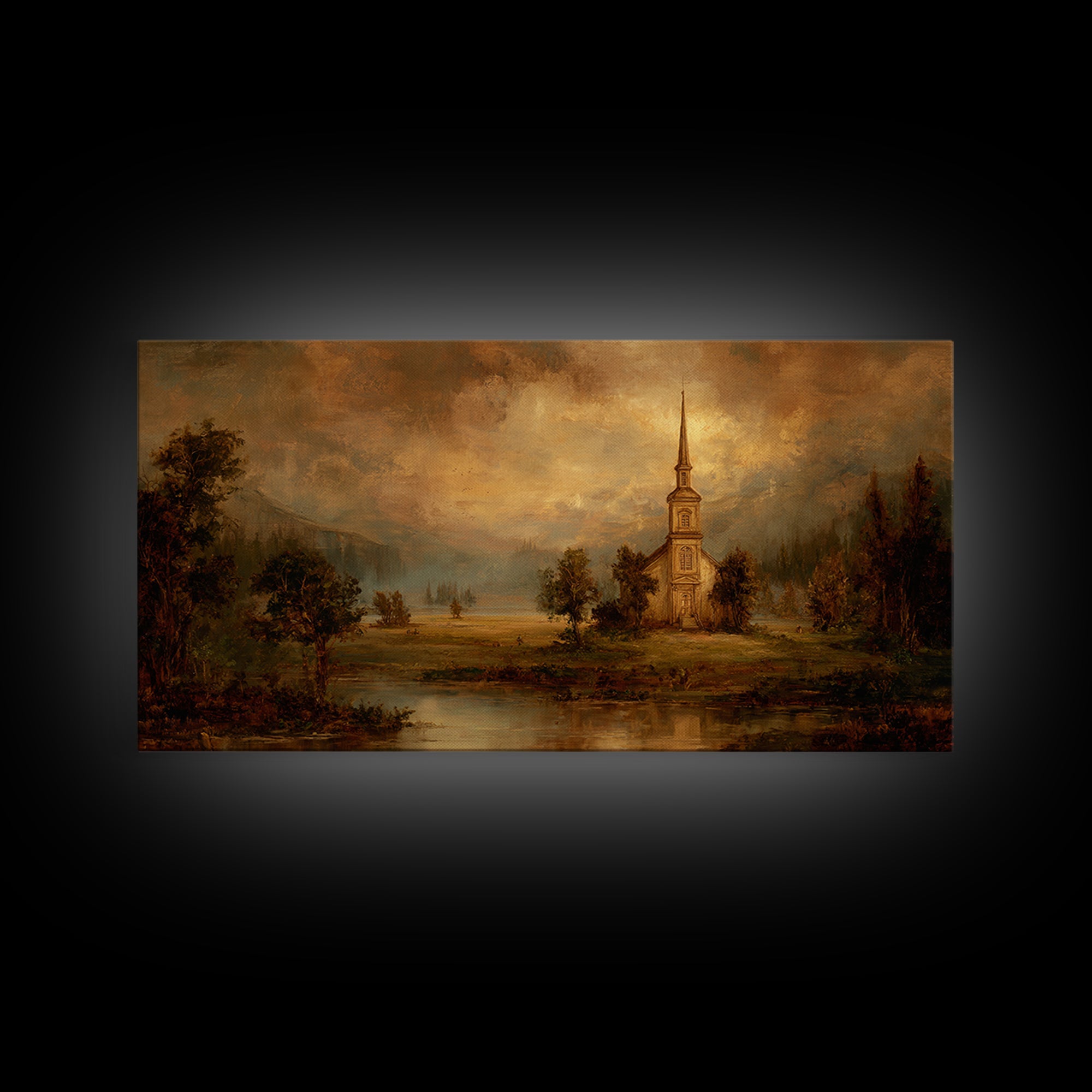Church Steeple Across Rural Meadow Canvas Print, Traditional Art, Art Commission, Living Room Decor, Fine Art, Classic, TRA-2x1-57