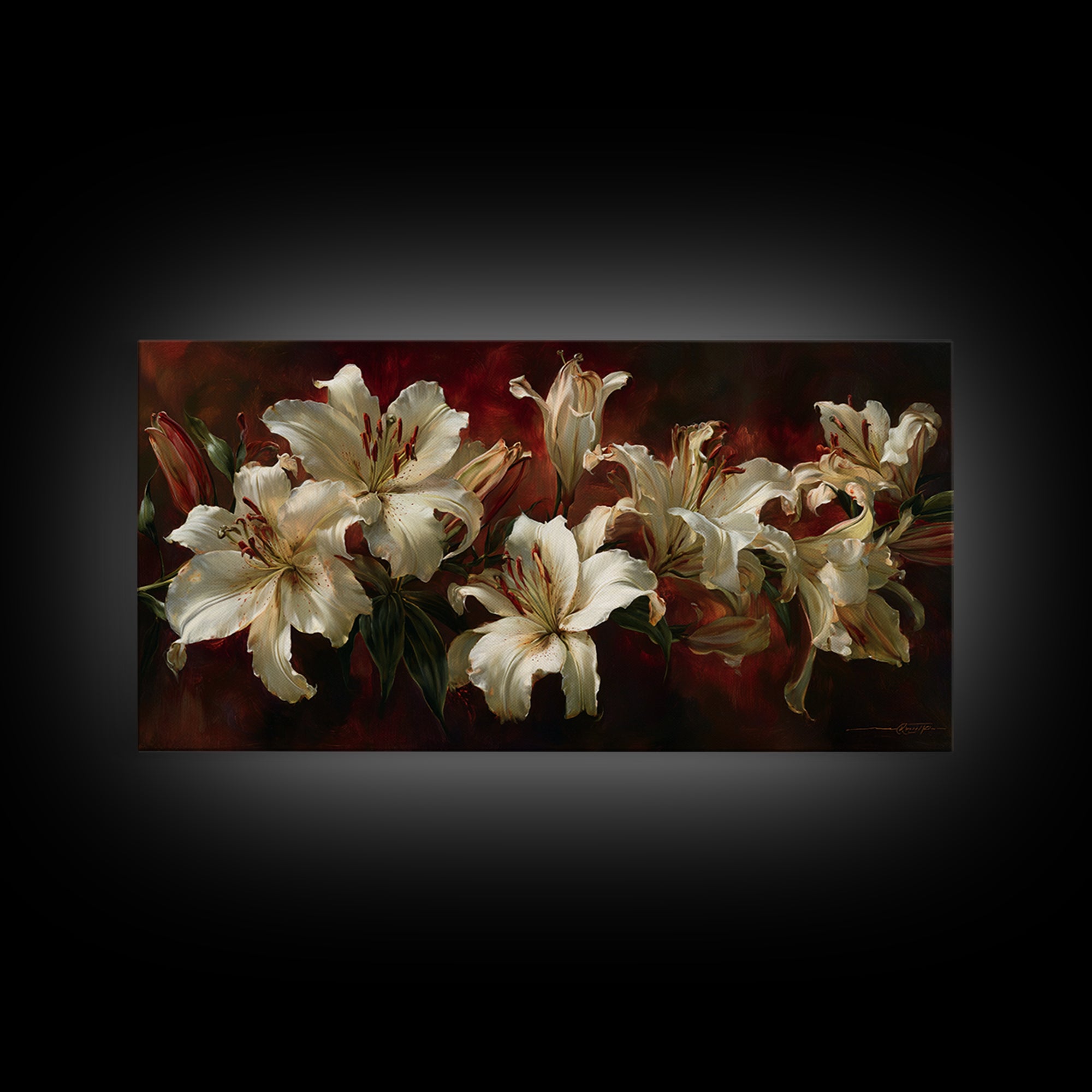 White Lilies on Dark Background Framed Canvas Print, Traditional Art, Indian Wall Art, Living Room Decor, Watercolor Art, TRA-2x1-59