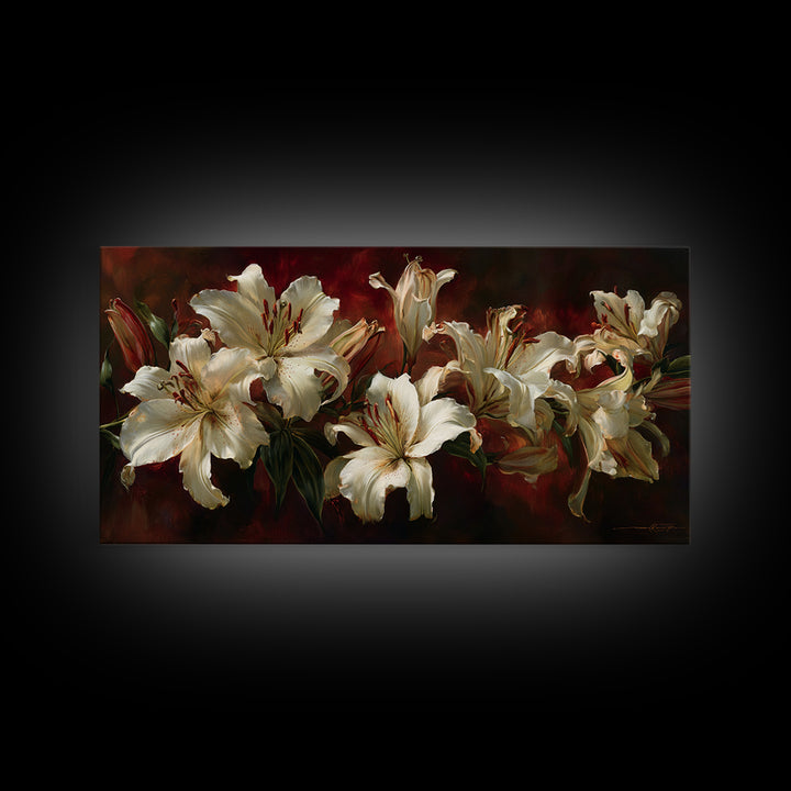 White Lilies on Dark Background Framed Canvas Print, Traditional Art, Indian Wall Art, Living Room Decor, Watercolor Art, TRA-2x1-59