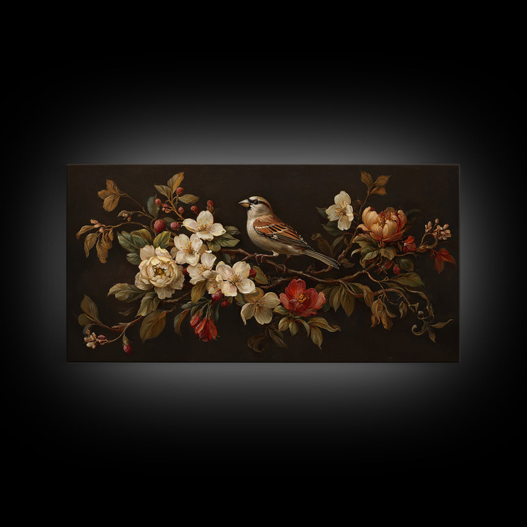 Bird Study on a Flowering Branch Framed Canvas Print, Traditional Art, Minimalist Decor, Living Room Decor, Oil Painting, TRA-2x1-6