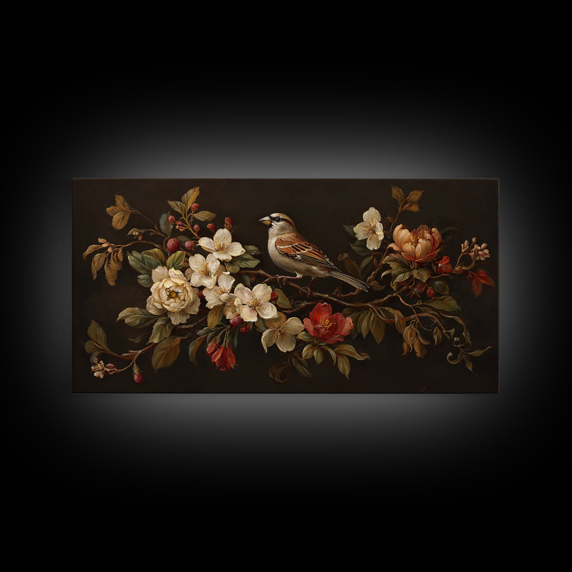 Bird Study on a Flowering Branch Framed Canvas Print, Traditional Art, Minimalist Decor, Living Room Decor, Oil Painting, TRA-2x1-6