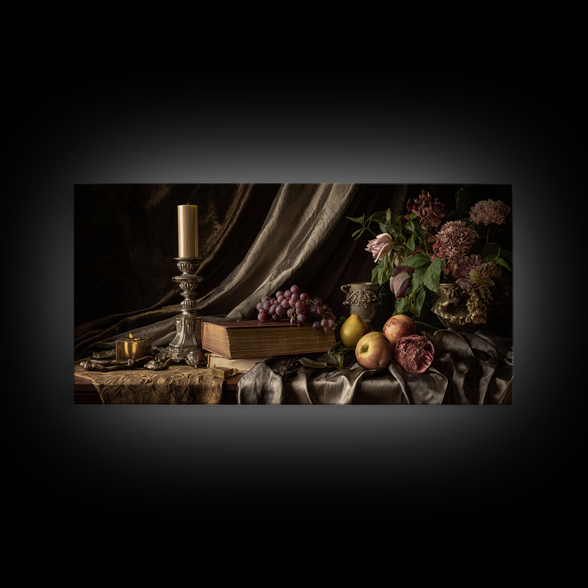 Still Life of Books Candle and Fruit Canvas Print, Traditional Art, Digital Art, Living Room Decor, Fine Art, Classic, TRA-2x1-64
