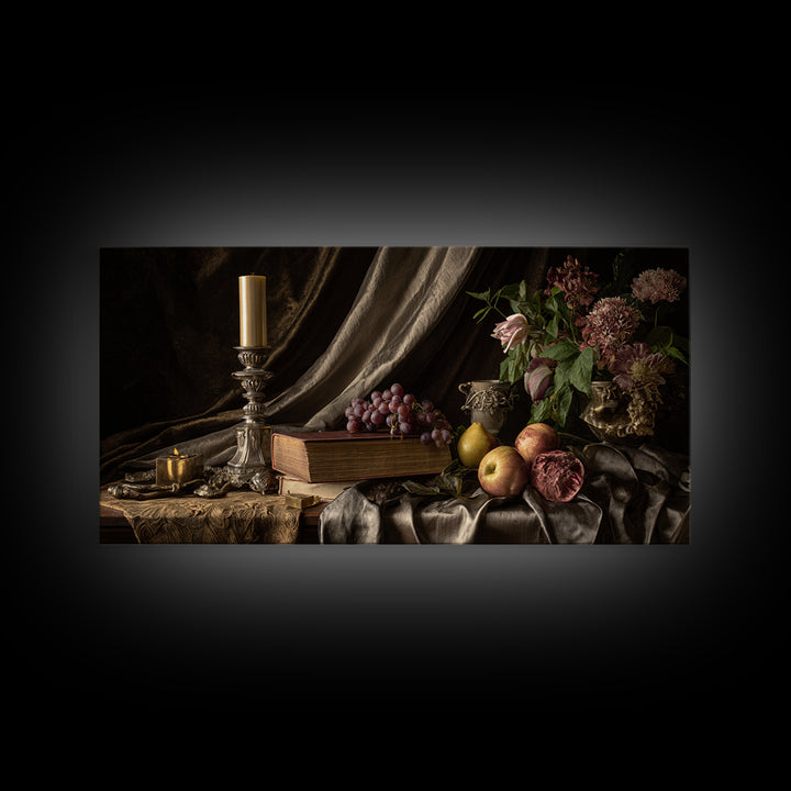 Still Life of Books Candle and Fruit Canvas Print, Traditional Art, Digital Art, Living Room Decor, Fine Art, Classic, TRA-2x1-64