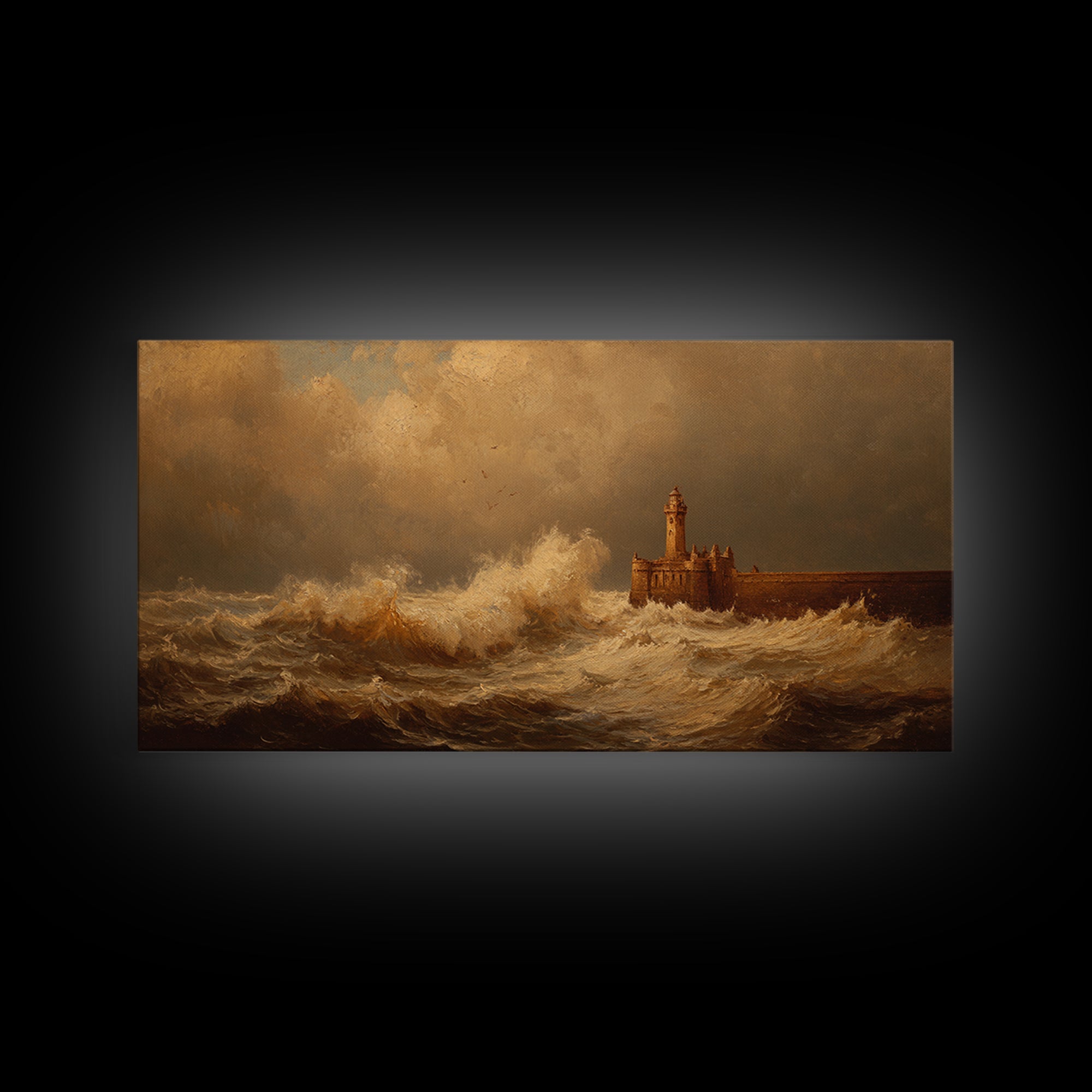 Lighthouse with Crashing Waves Framed Canvas Print, Traditional Art, Wall Hanging, Living Room Decor, Abstract Art, Classic, TRA-2x1-65