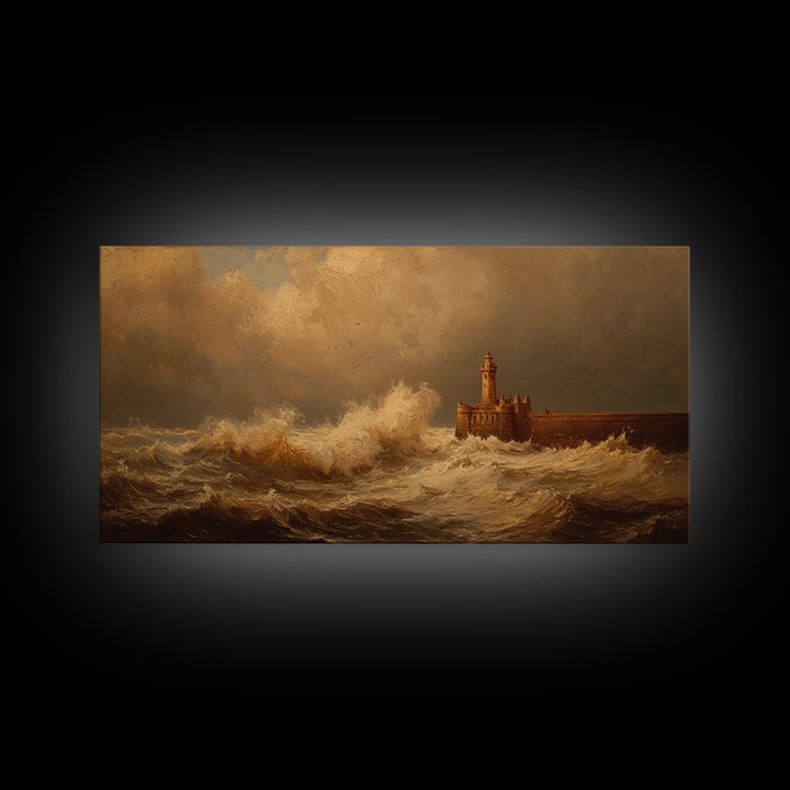 Lighthouse with Crashing Waves Framed Canvas Print, Traditional Art, Wall Hanging, Living Room Decor, Abstract Art, Classic, TRA-2x1-65