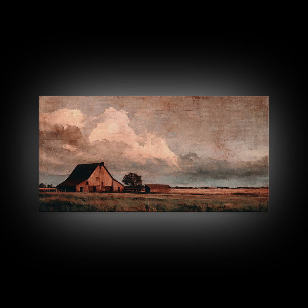 Barn and Farmland Framed Canvas Print, Traditional Art, Gallery Decor, Living Room Decor, Fine Art, Classic, Wall Art, TRA-2x1-67