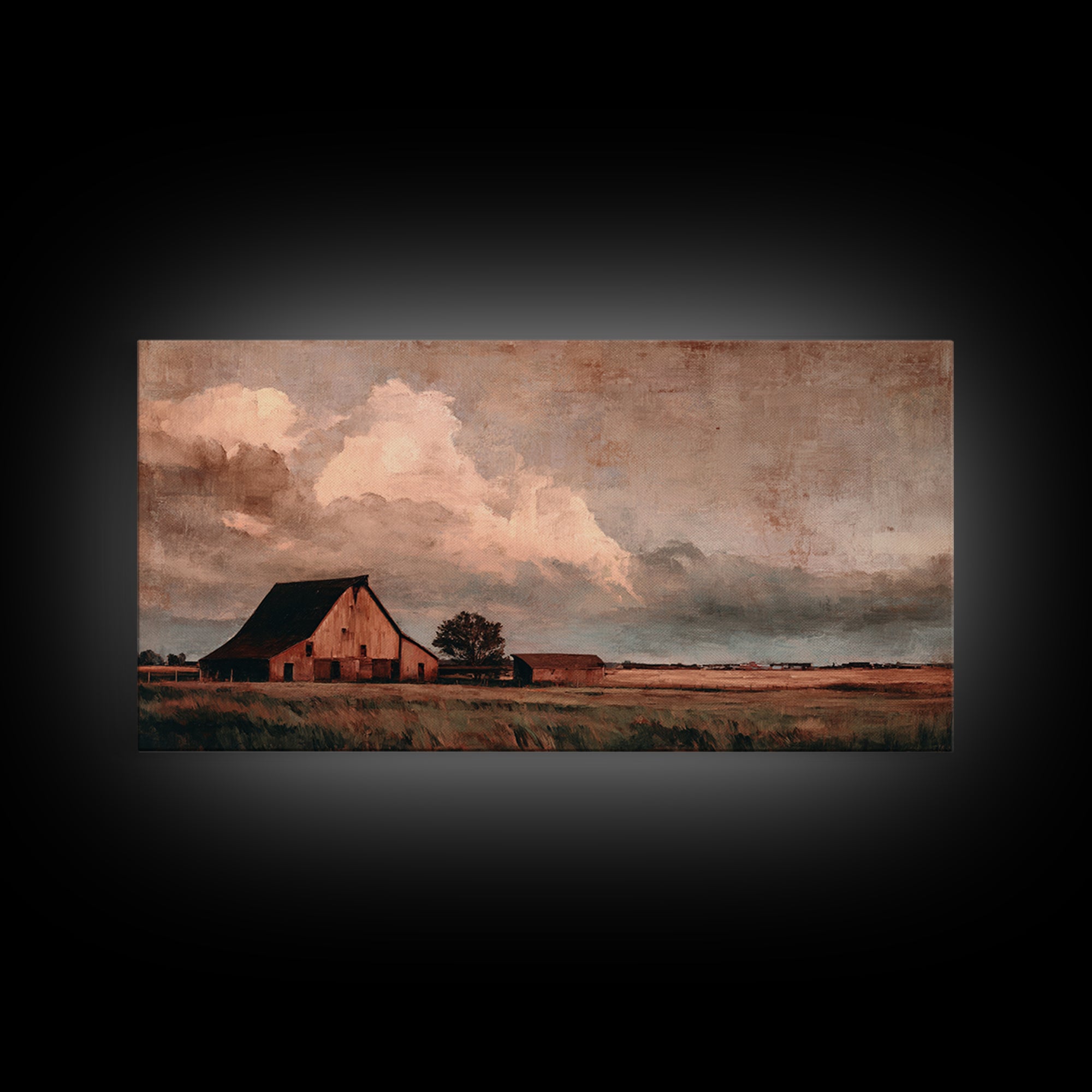 Barn and Farmland Framed Canvas Print, Traditional Art, Gallery Decor, Living Room Decor, Fine Art, Classic, Wall Art, TRA-2x1-67