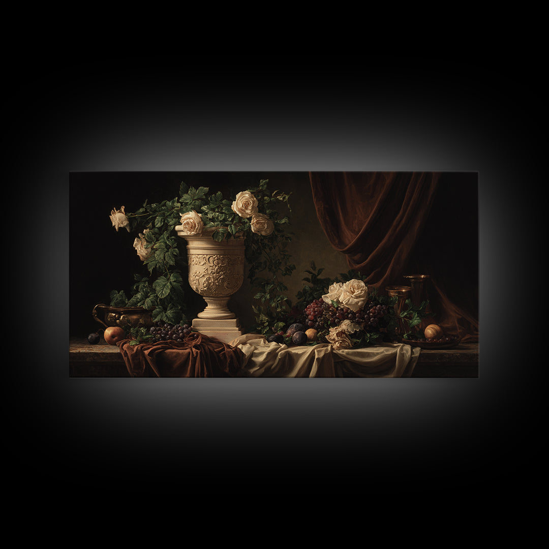 Garden Urn with Roses and Ivy Canvas Print, Traditional Art, Canvas, Living Room Decor, Watercolor Art, Classic, Furry Art, TRA-2x1-68