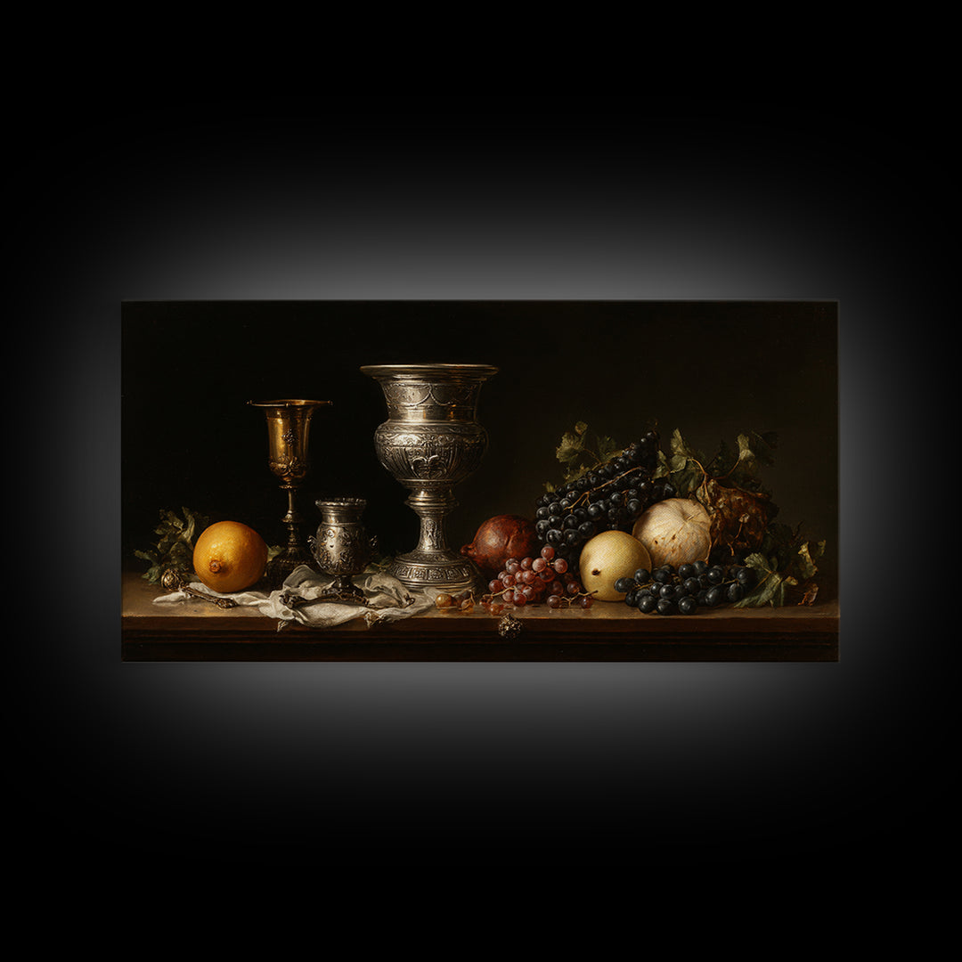 Dutch Fruit and Silver Goblet Still Life Framed Canvas Print, Traditional Art, Art Commission, Living Room Decor, Classic, TRA-2x1-72