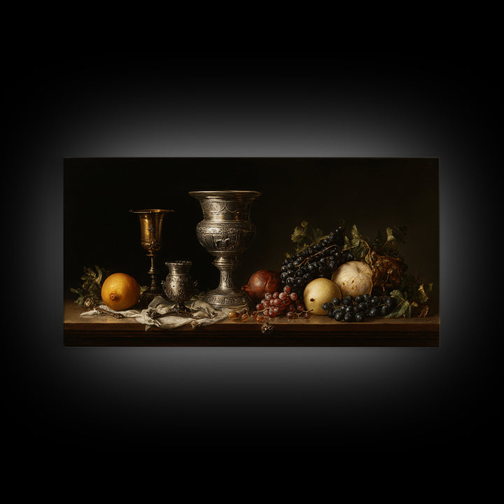Dutch Fruit and Silver Goblet Still Life Framed Canvas Print, Traditional Art, Art Commission, Living Room Decor, Classic, TRA-2x1-72