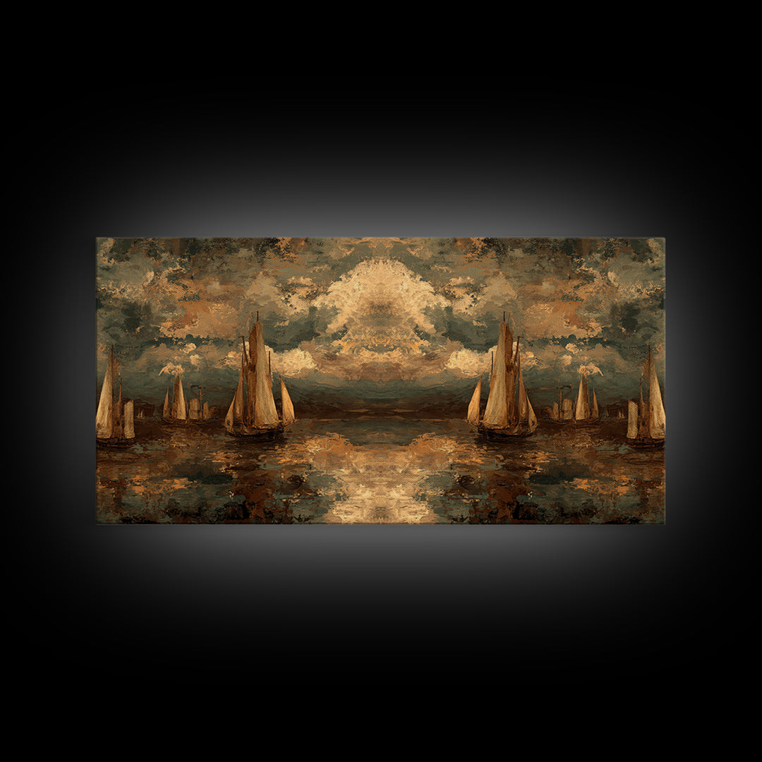 Seascape with Sailboats and Cloudy Sky Canvas Print, Traditional Art, Original Art, Living Room Decor, Fine Art, Classic, TRA-2x1-73