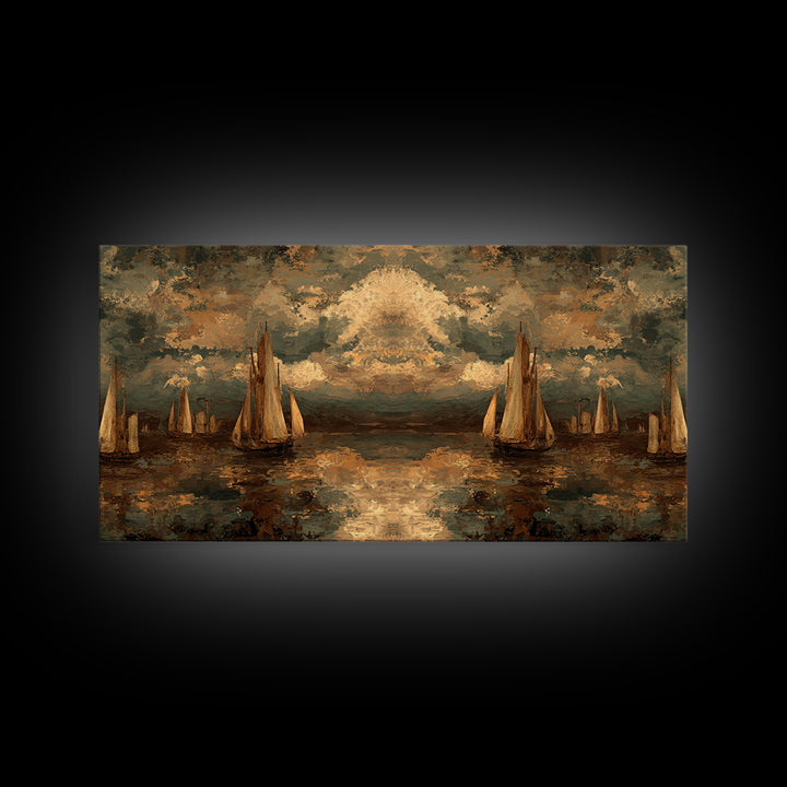 Seascape with Sailboats and Cloudy Sky Canvas Print, Traditional Art, Original Art, Living Room Decor, Fine Art, Classic, TRA-2x1-73