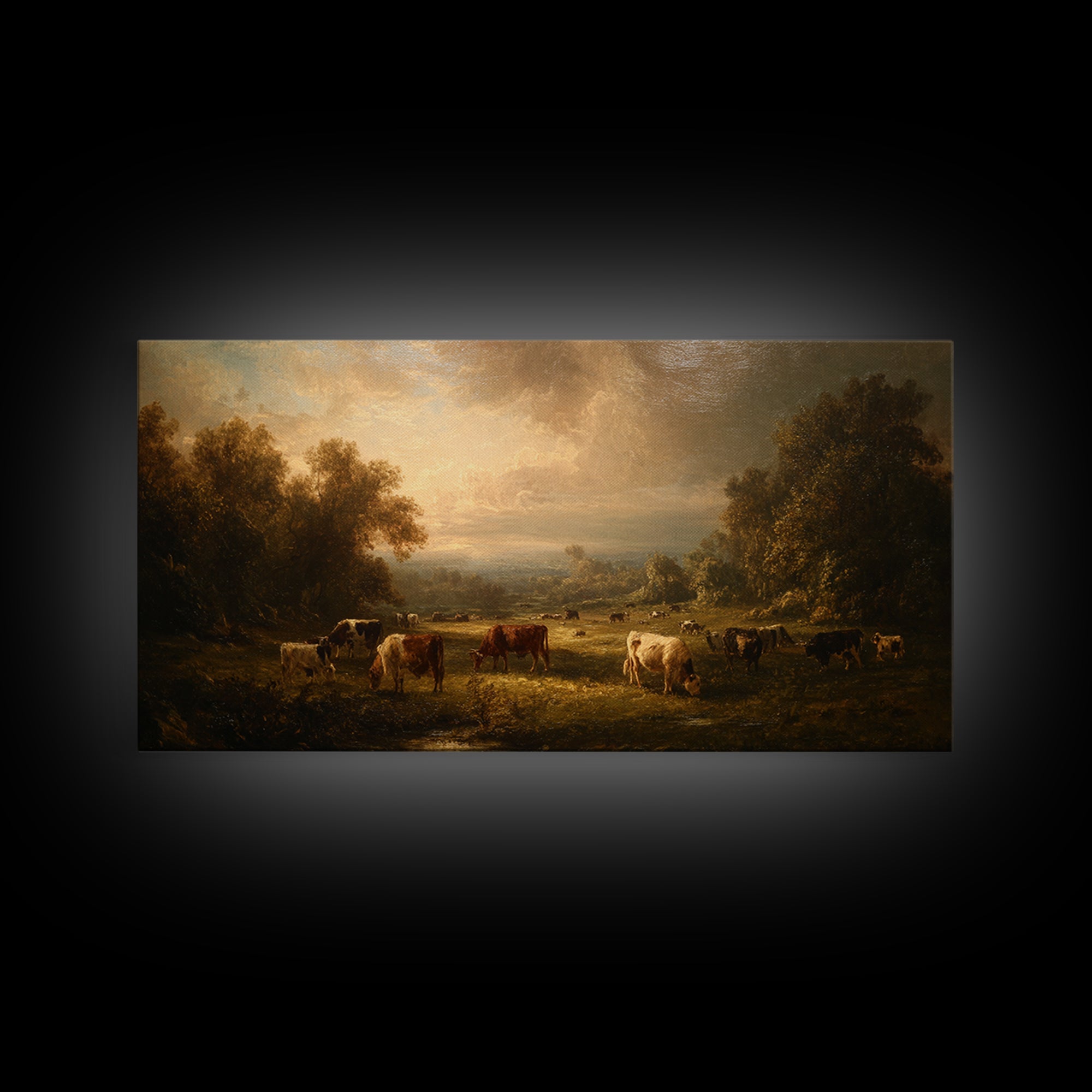 Pastoral Countryside with Cows in Field Framed Canvas Print, Traditional Art, Room Decor, Living Room Decor, Fine Art, Classic, TRA-2x1-75