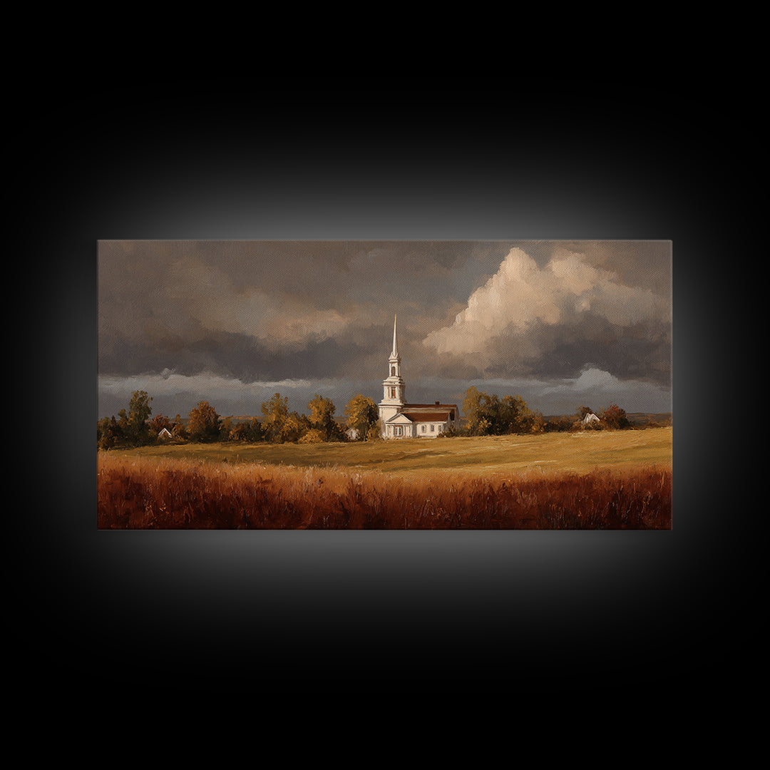Church Steeple Across Rural Meadow Framed Canvas Print, Traditional Art, Printable Art, Living Room Decor, Watercolor Art, TRA-2x1-81