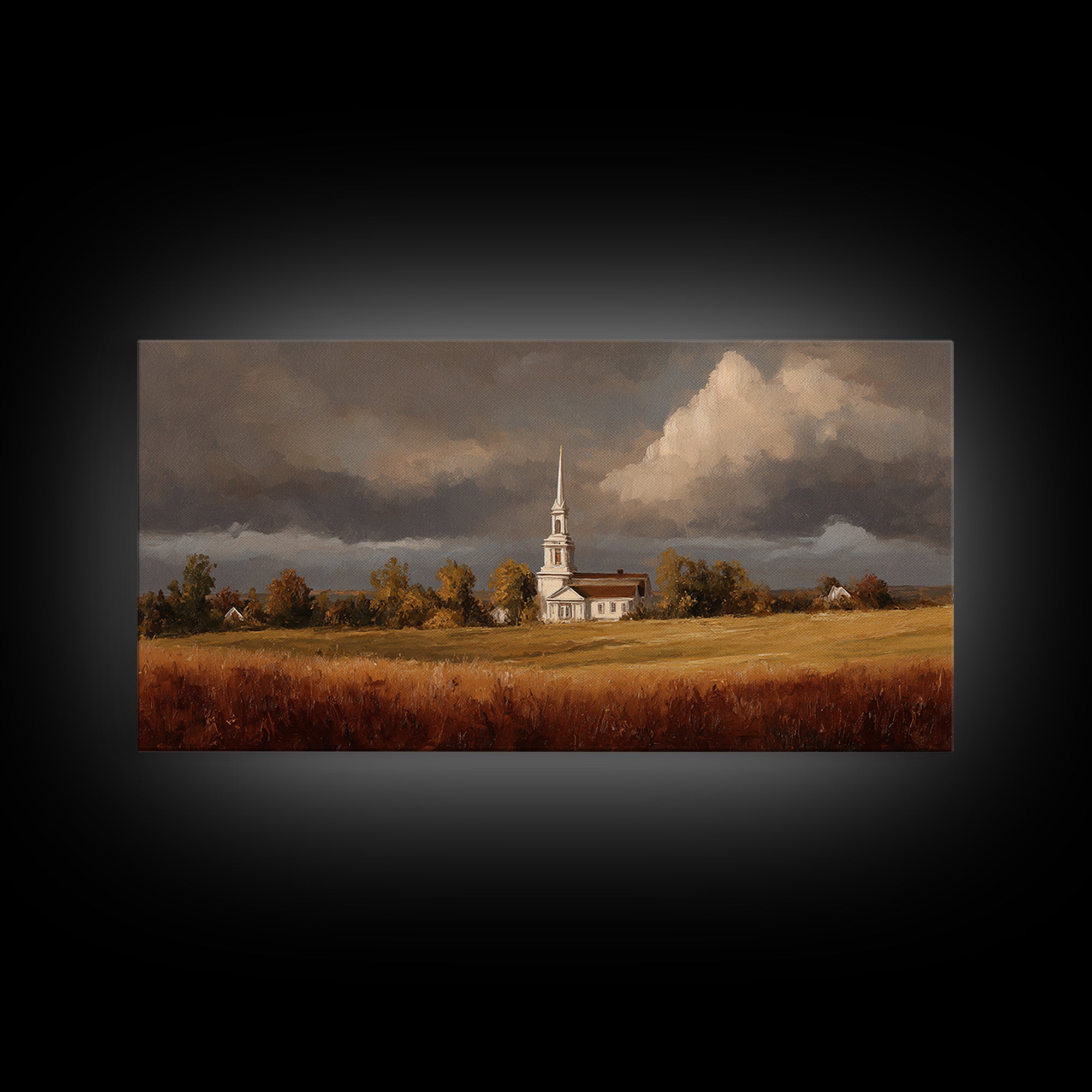 Church Steeple Across Rural Meadow Framed Canvas Print, Traditional Art, Printable Art, Living Room Decor, Watercolor Art, TRA-2x1-81