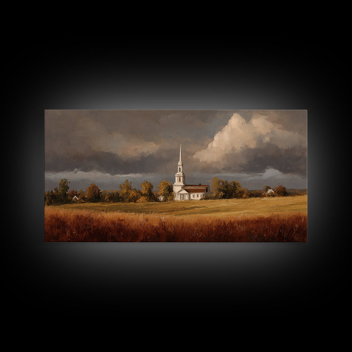 Church Steeple Across Rural Meadow Framed Canvas Print, Traditional Art, Printable Art, Living Room Decor, Watercolor Art, TRA-2x1-81