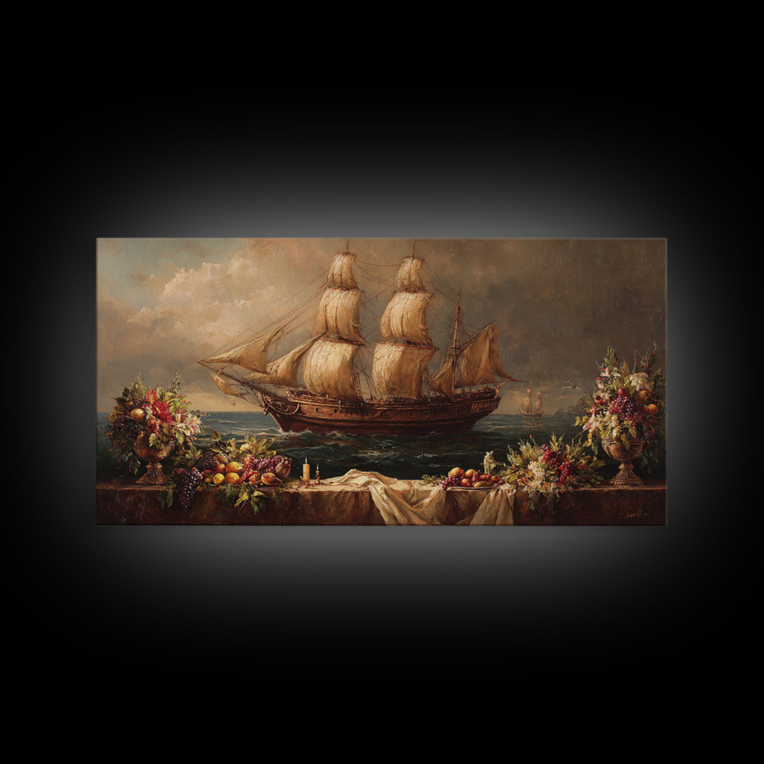 Ship at Sea Canvas Print, Traditional Art, Painting, Living Room Decor, Fine Art, Classic, Art Commissions, Japanese Art, TRA-2x1-82